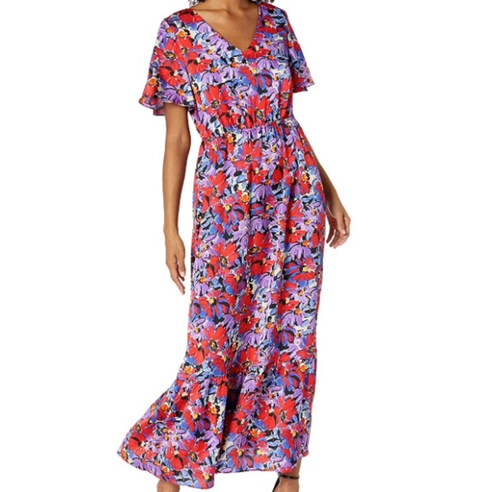 Caribbean Joe Red Bloom Allover Floral Relaxed Fit Short Sleeve Maxi Dress M